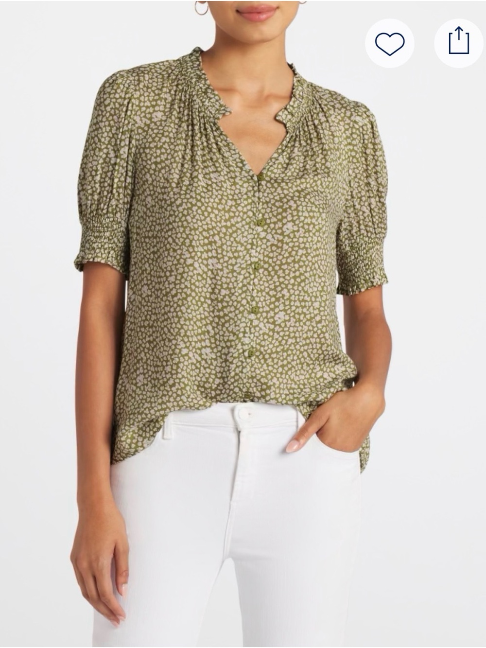 Les Serein Olive Green Printed Ruffle V-Neck Blouse